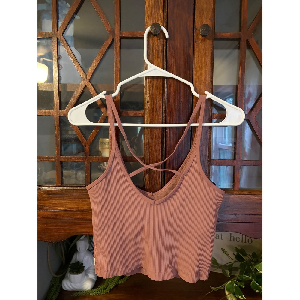 Vuori Crop Bra Tank Top Rose Mauve Ribbed Strappy Back VW189 Womens Medium - Picture 3 of 7